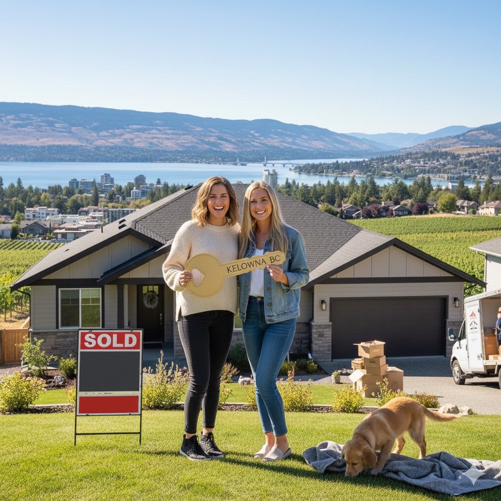 First-time home buyers receiving keys to their new Kelowna home